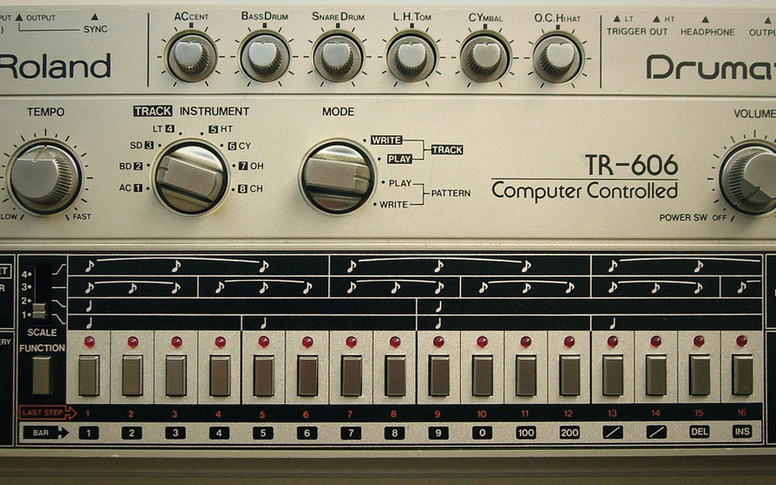 Roland TR-606 drum machine with knobs, mode switches, and a row of step buttons