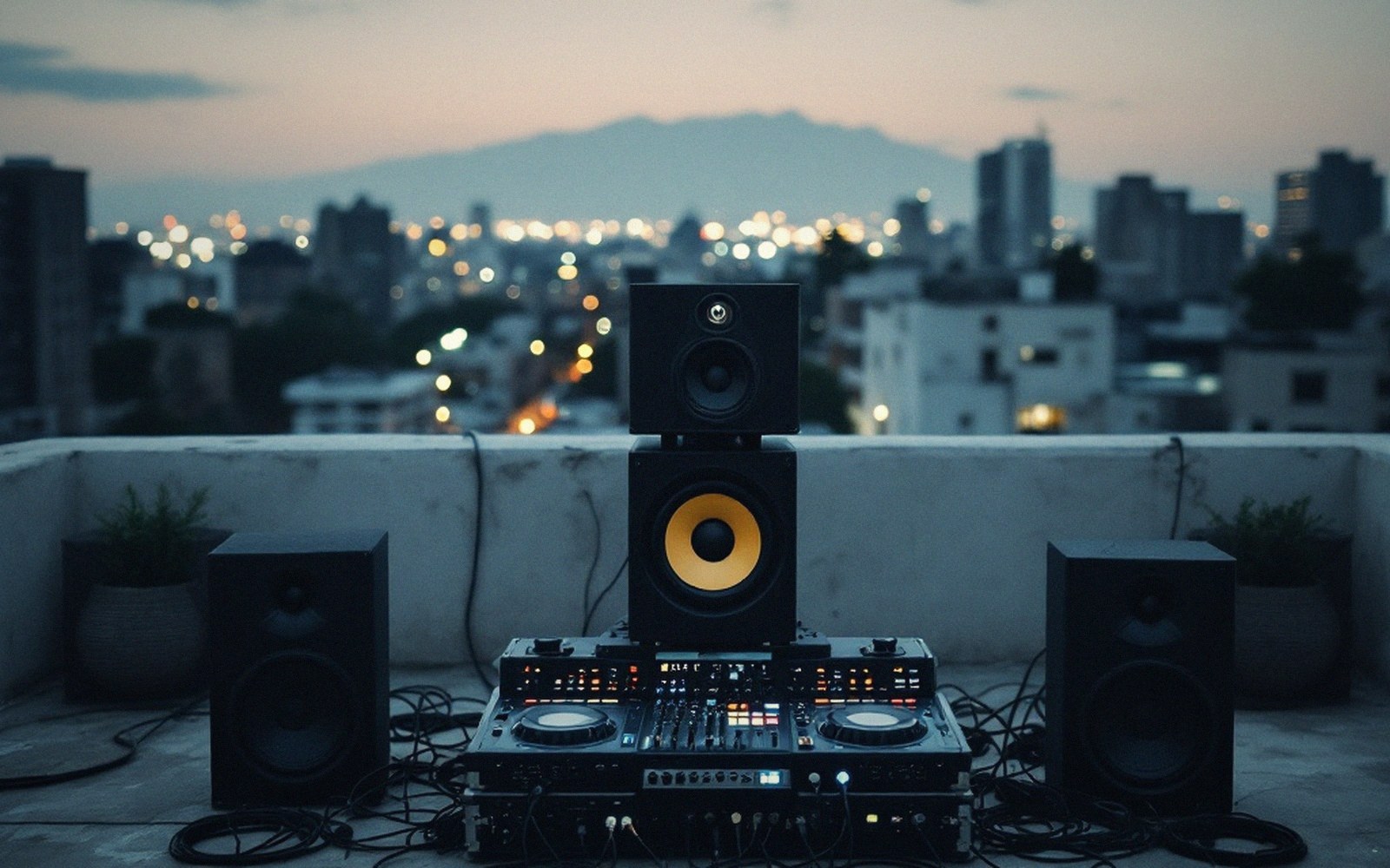 Stacked speaker rig on a concrete rooftop at dusk with city lights behind